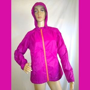 Eddie Bauer Dark Pink and Orange Zipper Windbreaker w Drawstring Hood Sz M